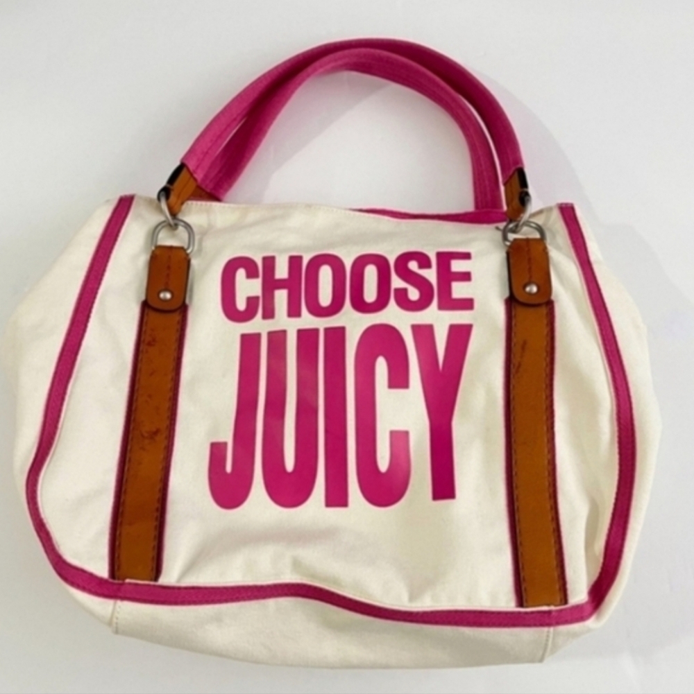 Juicy Couture Y2K Vintage Pink Cream Varsity Tote with Tan Leather Trim